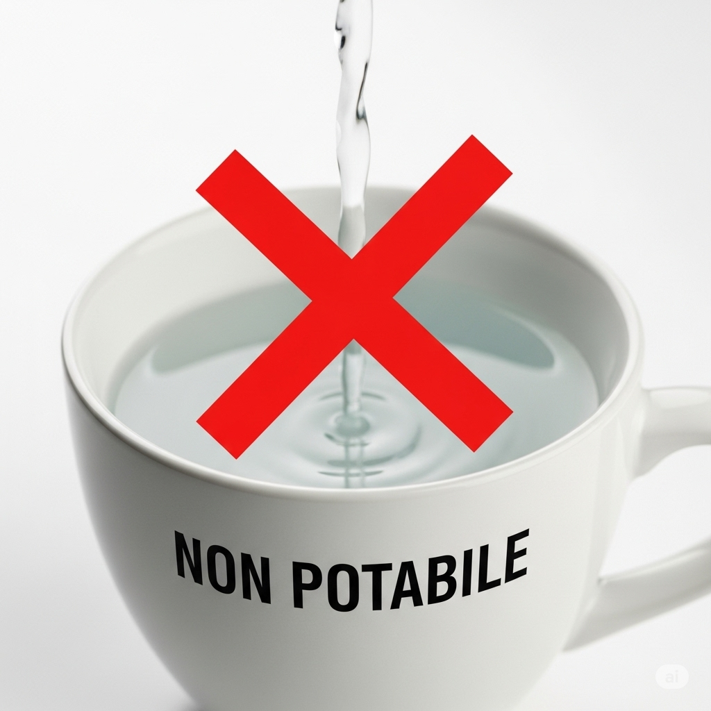 "Immagine simbolica di avviso: una tazza d'acqua con sopra una X rossa di divieto e la scritta 'NON POTABILE' per indicare che l'acqua non è sicura."