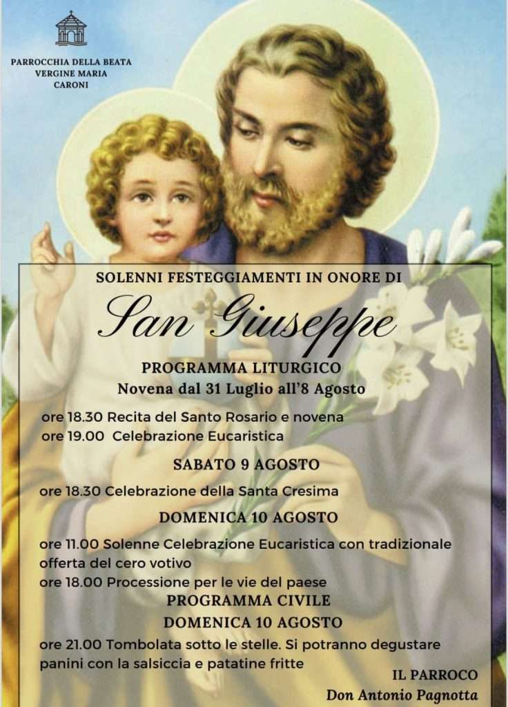 Locandina della festa di San Giuseppe a Caroni di Limbadi con il programma religioso e civile dal 31 luglio al 10 agosto.