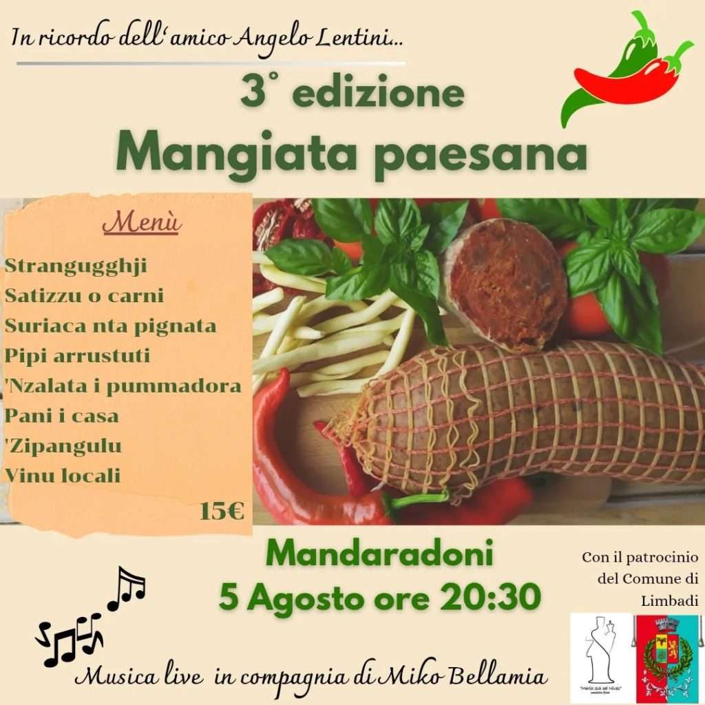 Locandina della "Mangiata Paesana" del 5 agosto a Mandaradoni. Mostra il menù tipico calabrese, data, ora e una foto di salumi e prodotti locali.