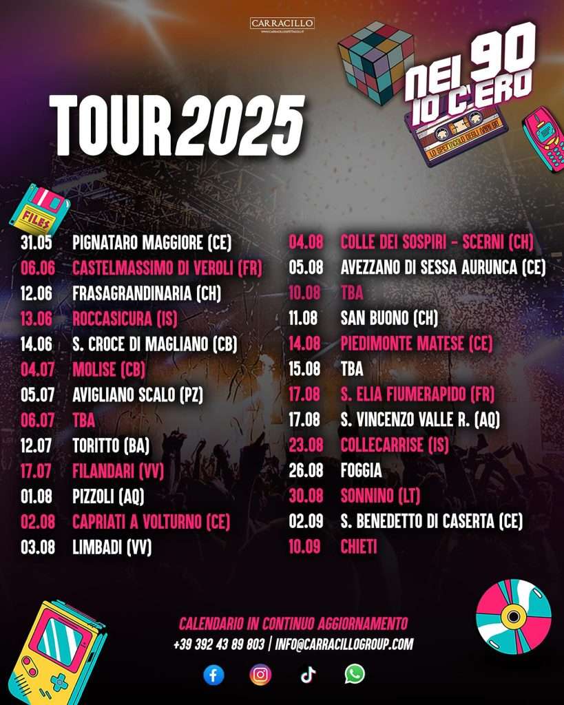 "Locandina dell'evento 'Nei 90 io c'ero' a Limbadi il 3 agosto 2025. Grafica colorata in stile anni '90 con le foto degli artisti e i dettagli dello spettacolo musicale."