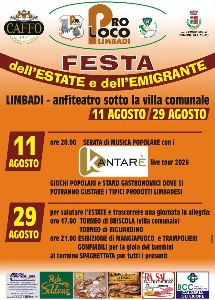 Locandina Festa dell'Estate e dell'Emigrante 2026, Limbadi, 11 e 29 agosto